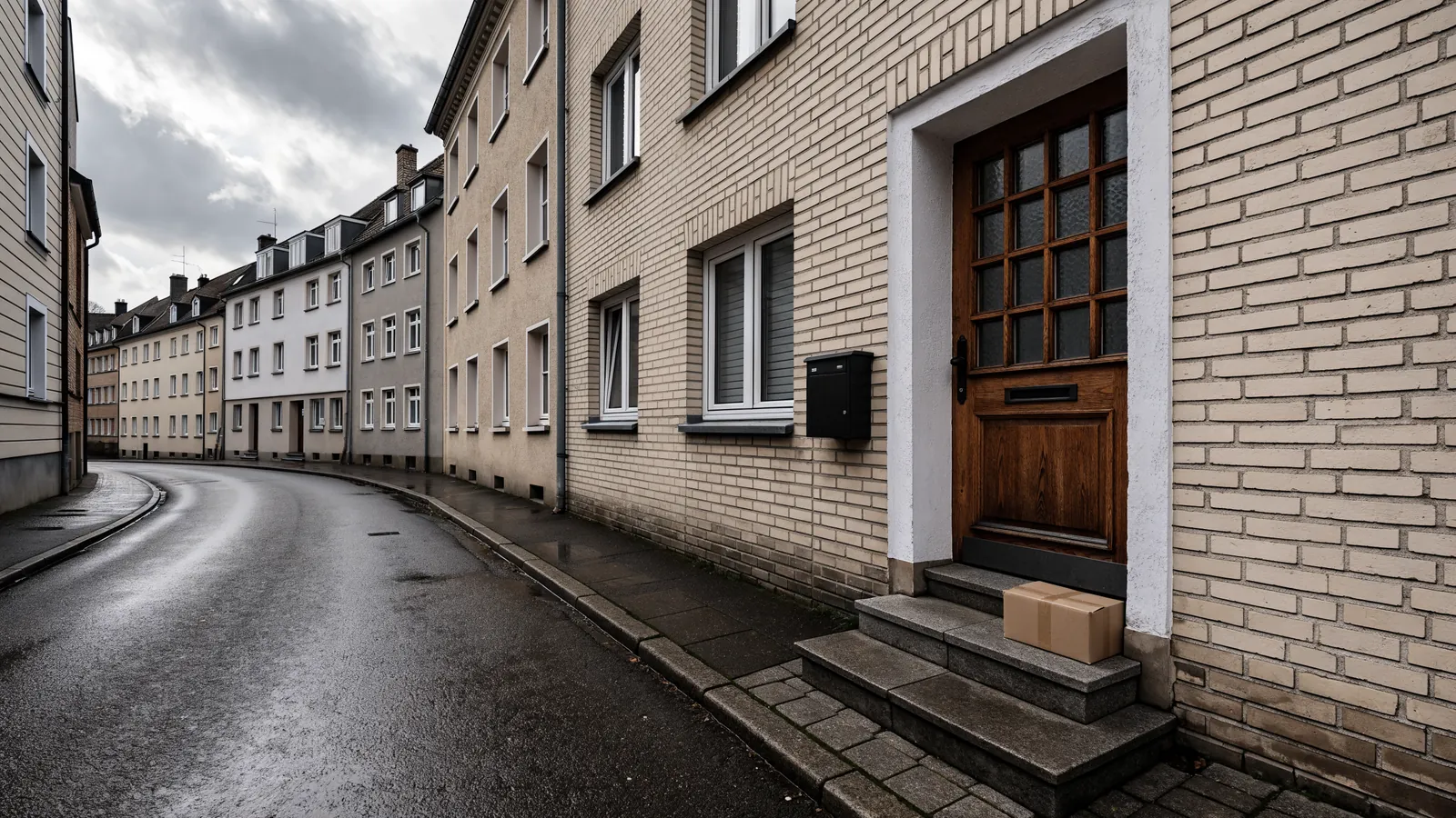 Karton auf der Stufe vor einer Haustür, daneben ein Briefkasten an der Hauswand
