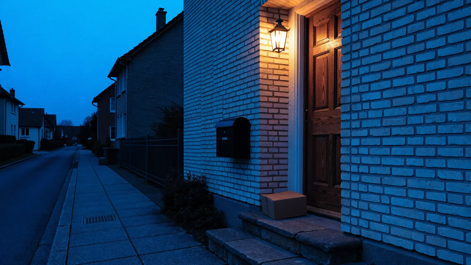 Hauseingang am Abend, eine Lampe beleuchtet die Stufe und ein Paket vor der Tür